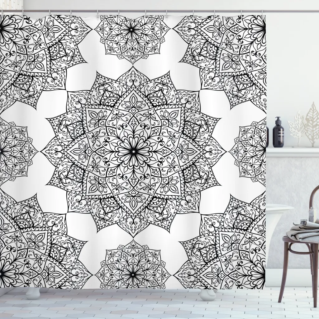 ABAKUHAUS Tenda da doccia Mandala, motivi a mosaico orientali, resistente a batteri e muffe, incl. 12 ganci Lavabile Elegante stampa digitale, 175 x 220 cm, nero