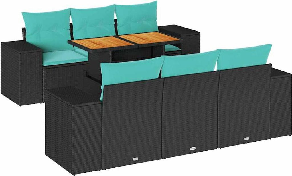 7-tlg. Garten-Sofagarnitur mit Kissen Schwarz Poly Rattan