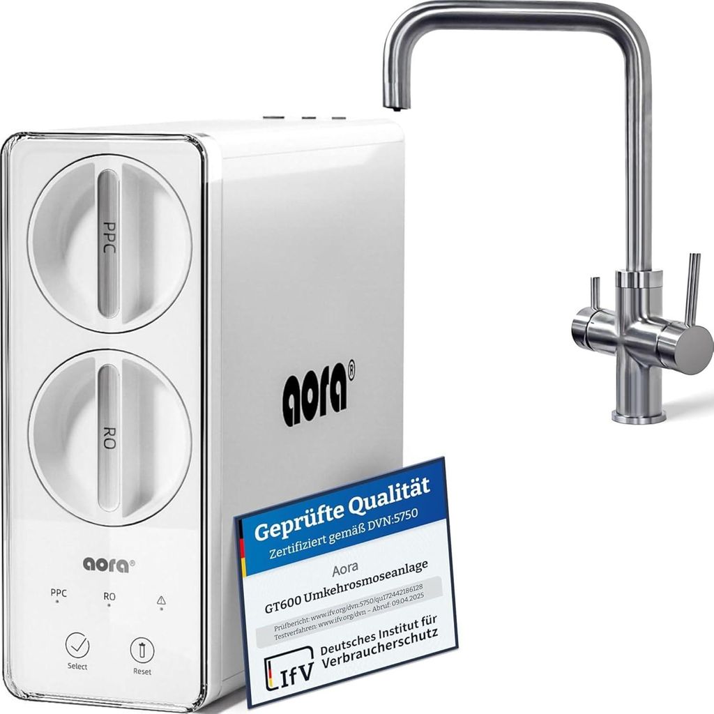 AORA GT600 Umkehrosmoseanlage Untertisch – 8-Stufen-Filtration, 3-Wege-Armatur, Trinkwasserfilter tanklos, Osmoseanlage, RO + GIULIA U Edelstahl