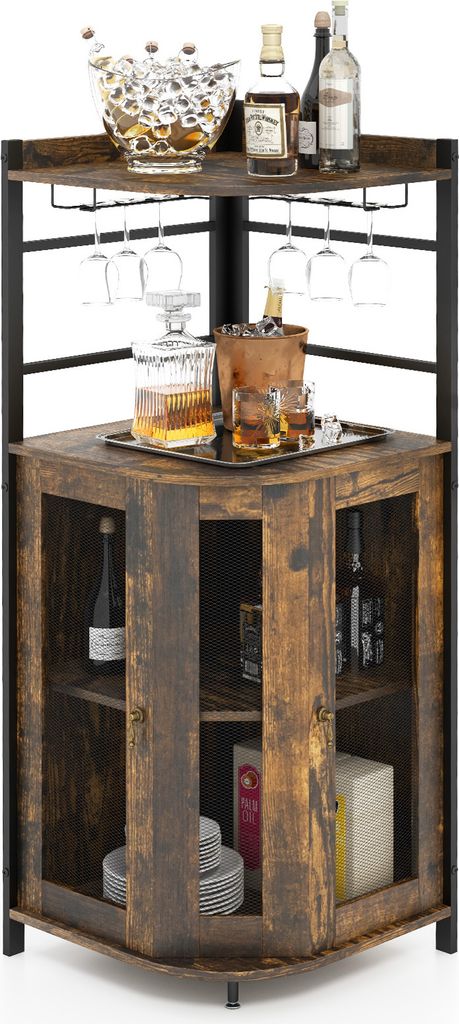 A corner bar cabinet with various bottles and glasses displayed on its shelves.
