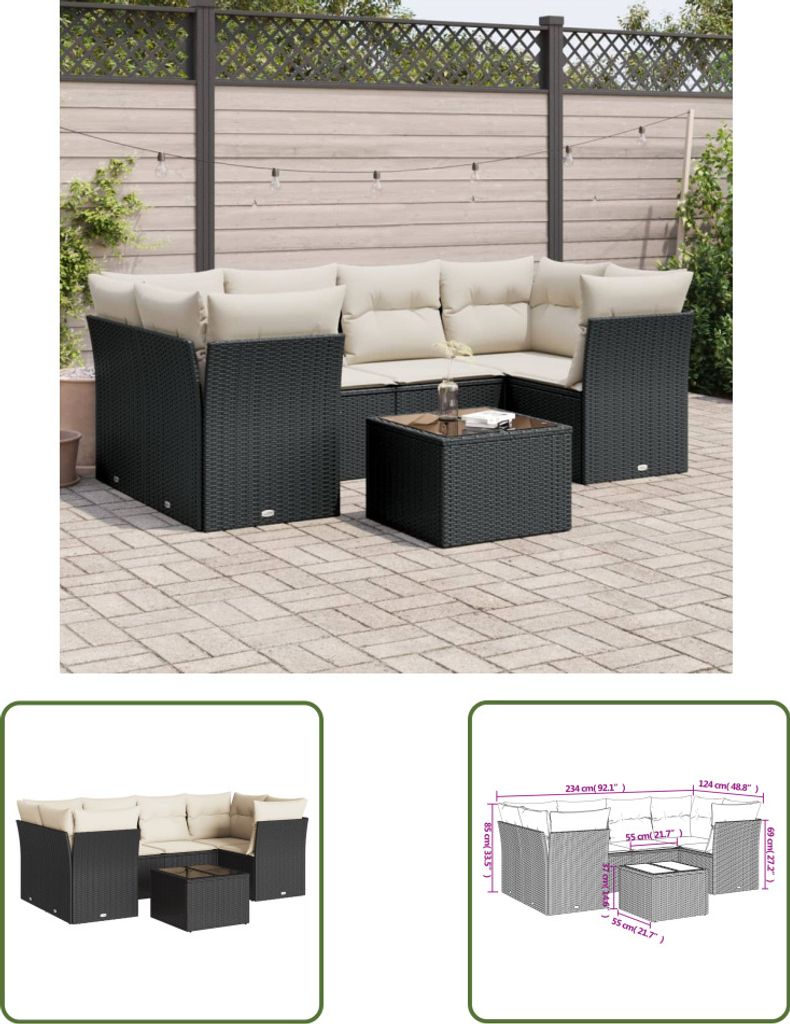 The Living Store 7-tlg. Garten-Sofagarnitur mit Kissen Schwarz Poly Rattan