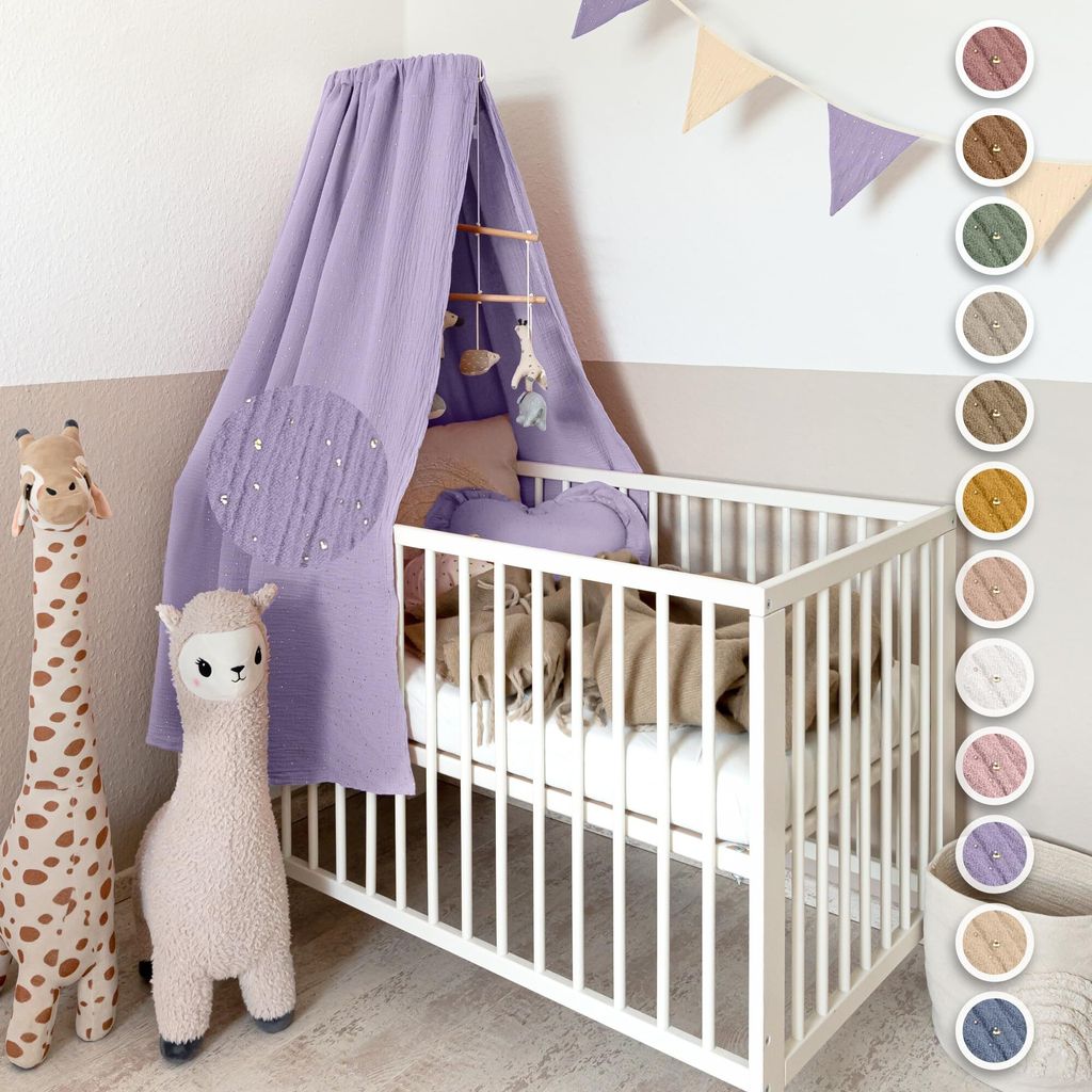 Handgefertigter Baumwoll Betthimmel für Babybett, Gold Applikation