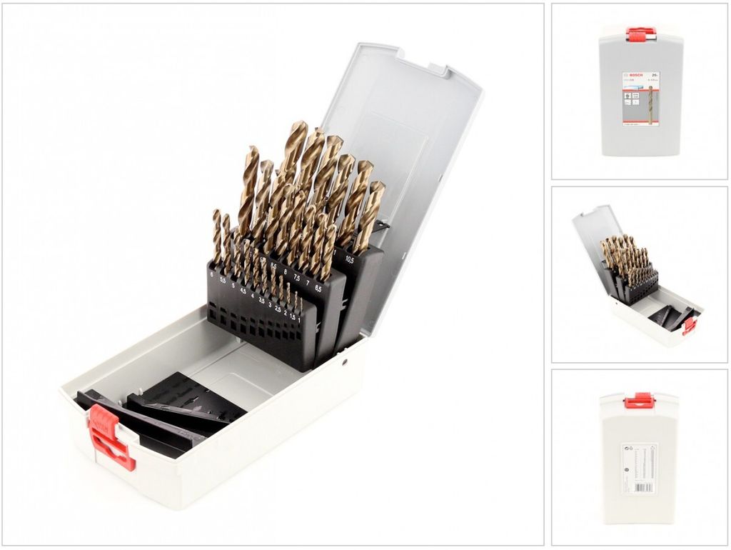 A set of Bosch HSS-Co metal drill bits in a gray and white case, with the lid open.