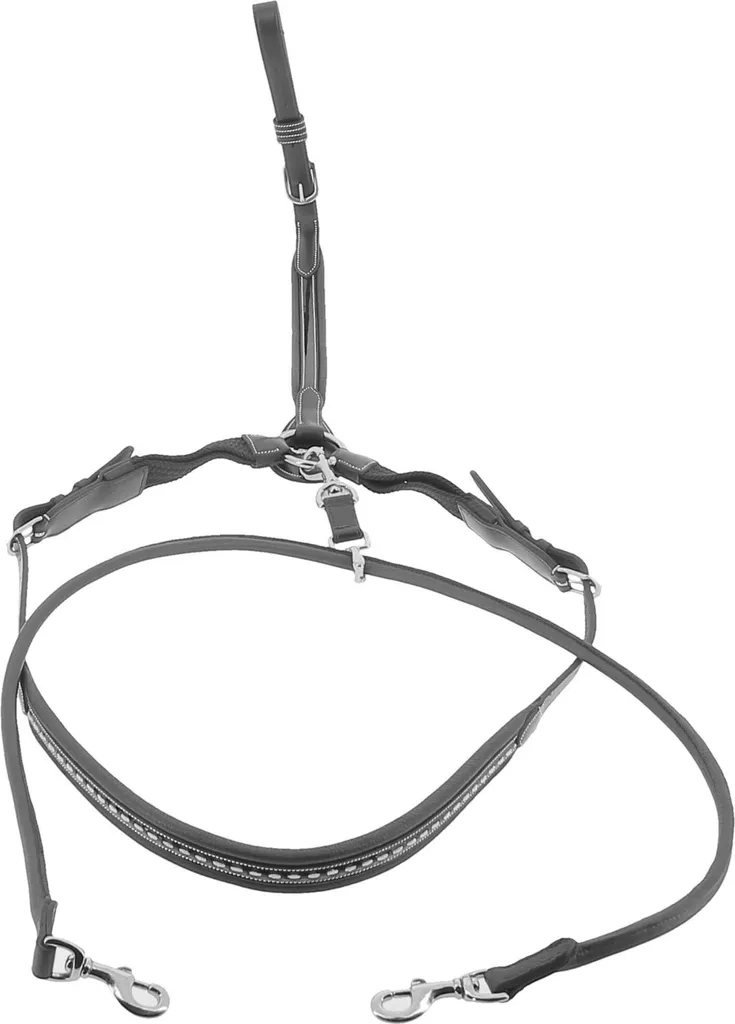 Martingale à anneaux Penélope en cuir verni noir et coutures blanches