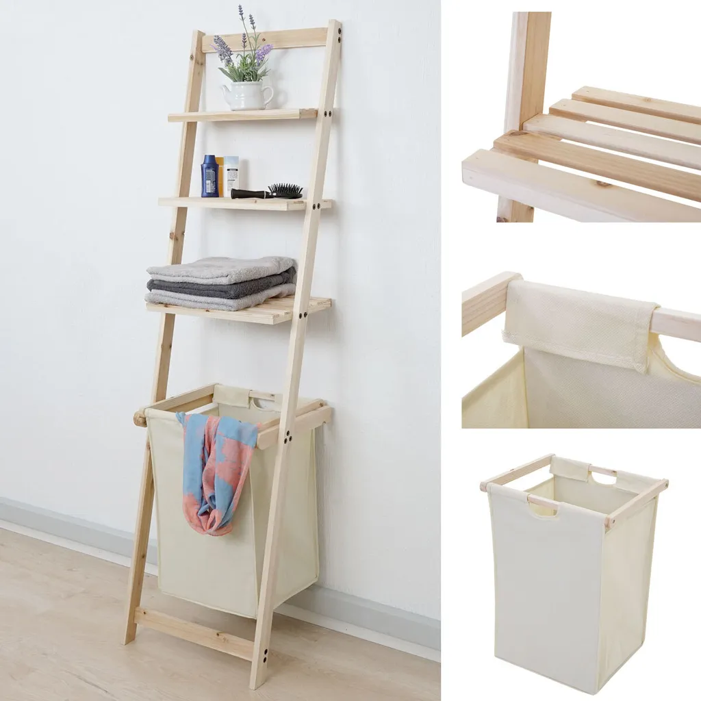 Scaffale Bagno in Legno HWC-B59 con Portabiancheria 39L per Famiglia