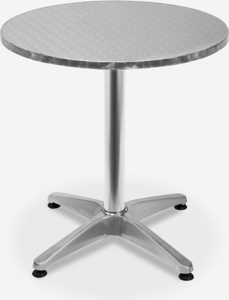 A silver round table with a four-legged base is shown against a white background.