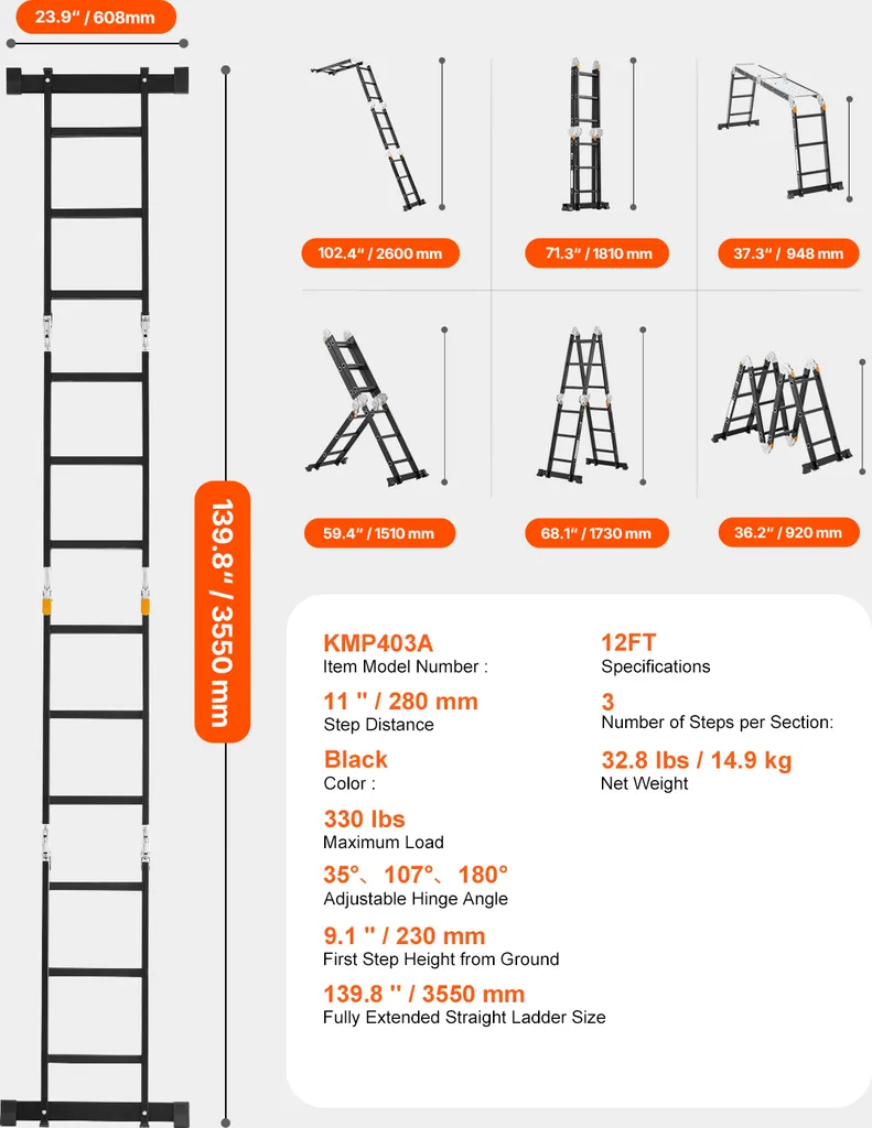 Échelle transformable 7 positions en aluminium - Échafaudage de 3,55m - 7