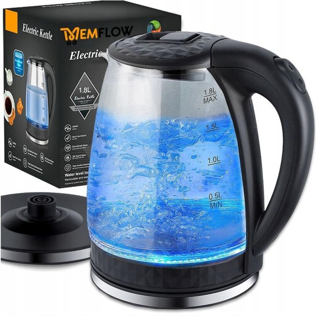 Glas Wasserkocher 2L Kabellos 2000W Mit LED Beleuchtung 360° Basis Transparent Mit Trockengehschutz