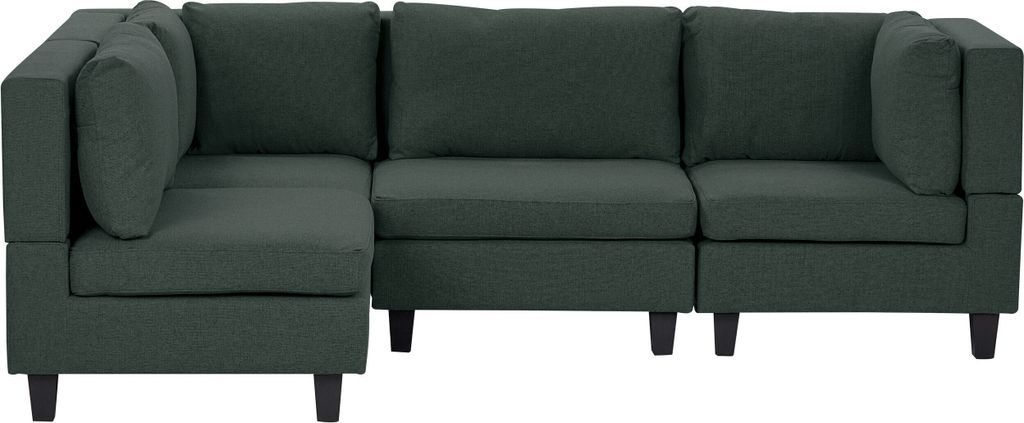 BELIANI 4-Sitzer Ecksofa Rechtsseitig Dunkelgrün Stoffbezug mit Kissen Schwarze Beine Modular Modern Modulsofa Wohnlandschaft Wohnzimmer Wohnecke