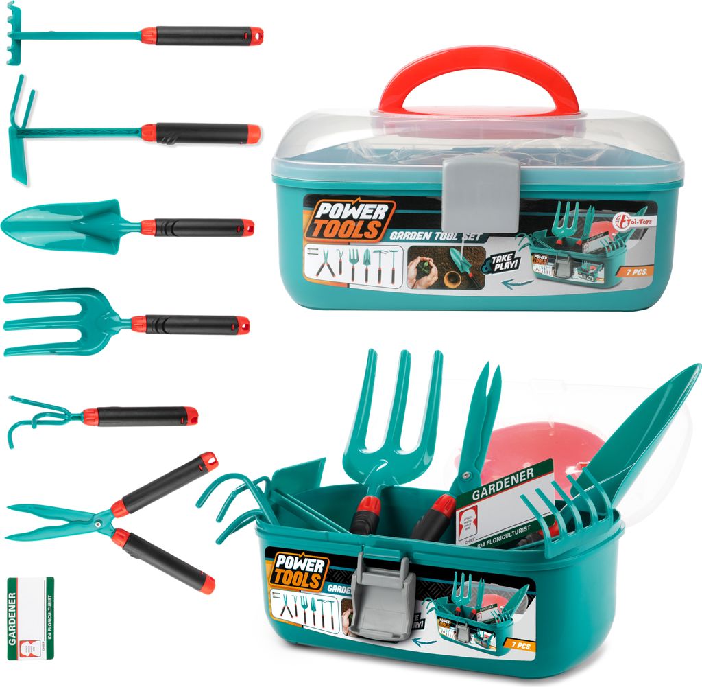 Toi-Toys 68201A - POWER TOOLS - Gartenwerkzeugset (7-teilig) im Werkzeugkoffer Garten Kinderspielzeug