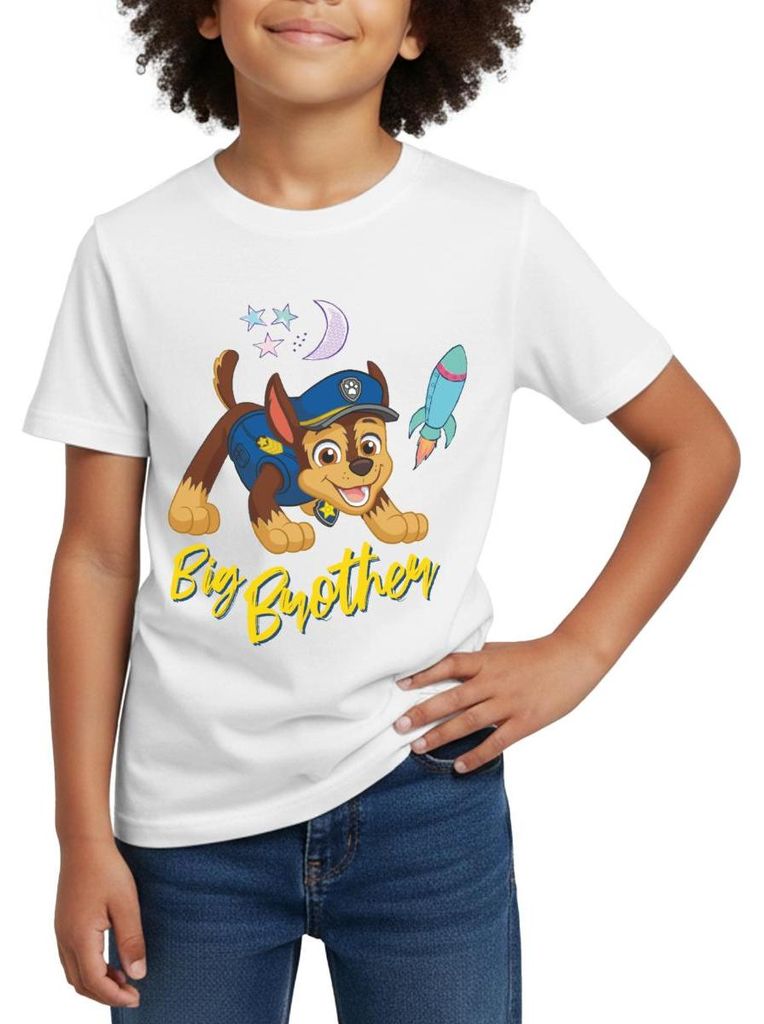 Spreadshirt Paw Patrol Großer Bruder Chase Geschenk Kinder T-Shirt, 110/116 (5-6 Jahre), Weiß