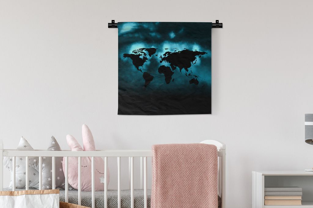 MuchoWow Wandteppich Wandbehang Weltkarte - Schwarz - Blau 60x60 cm Tapisserie Dekoration Wandtuch - Dekorationen - Wand Decke