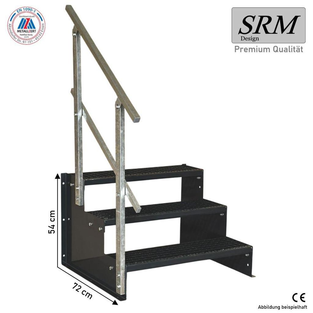 3 Stufen Standtreppe Modell 2 komplett anthrazit Treppe Stahltreppe Tritthöhe 18 cm Breite 150 cm Höhe 54 cm 1x Geländer