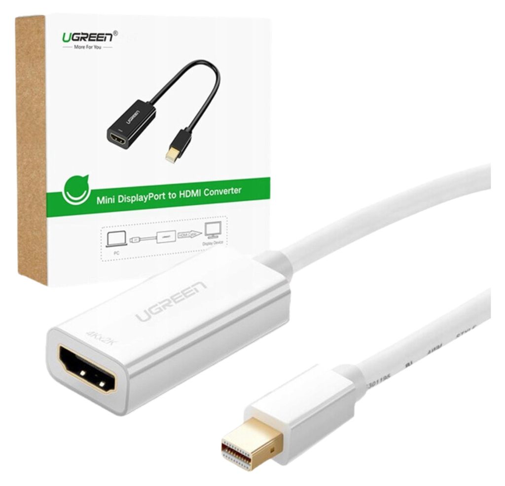 A white Ugreen Mini DisplayPort to HDMI adapter cable is shown diagonally on a white background, with its packaging box partially visible on the left.