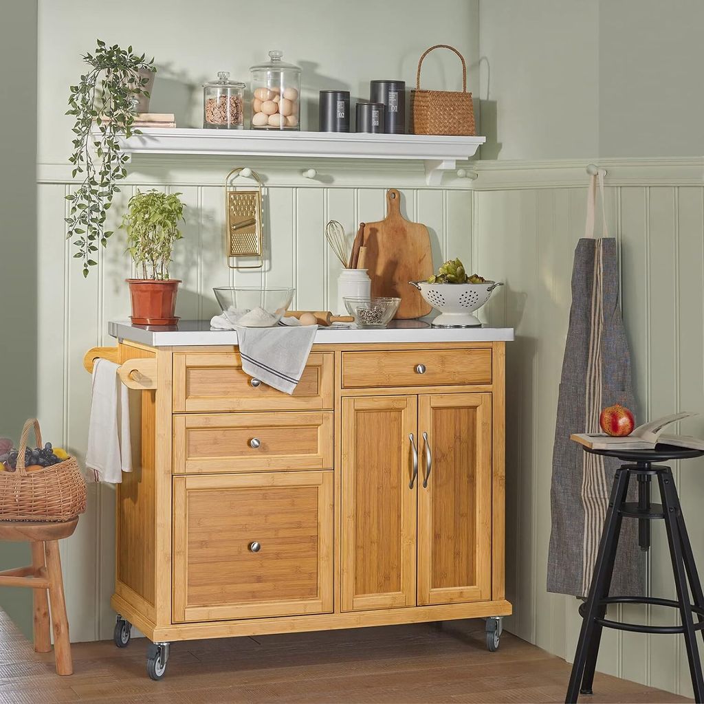 Carrello Da Cucina In Legno Con 2 Cassetti E Maniglia Armadietto Da Cucina Con Ruote 122x46x92 3cm Bianco