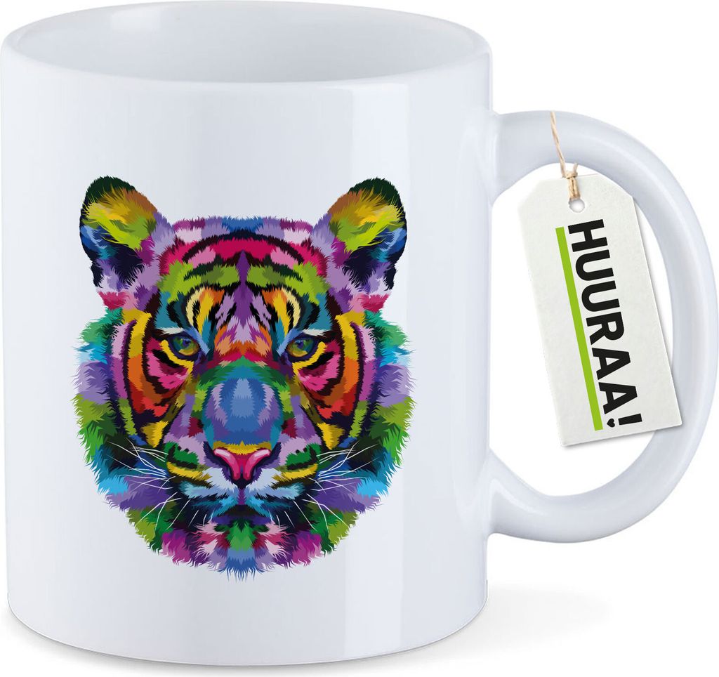 Huuraa Kaffeetasse Tiger Kopf Colorful 330ml Weiß Keramik Kaffeebecher Geschenkidee