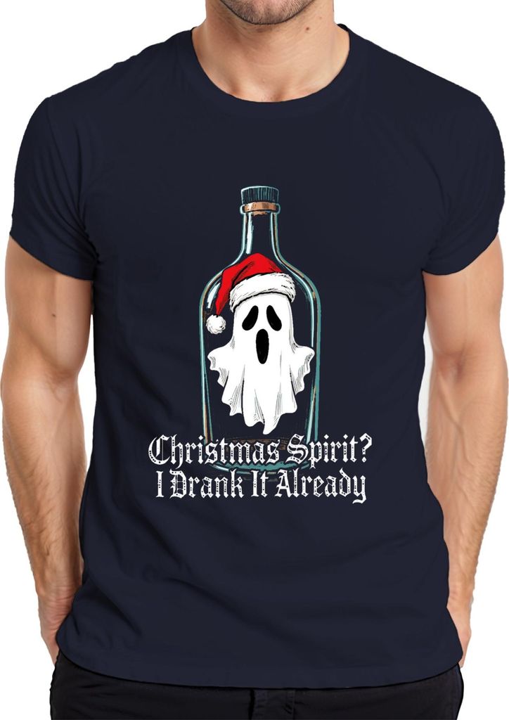 Christmas Spirit I Drank It Already Ghost Bottle Santa Hat Funny Herren T-Shirt, Navy, 3XL
