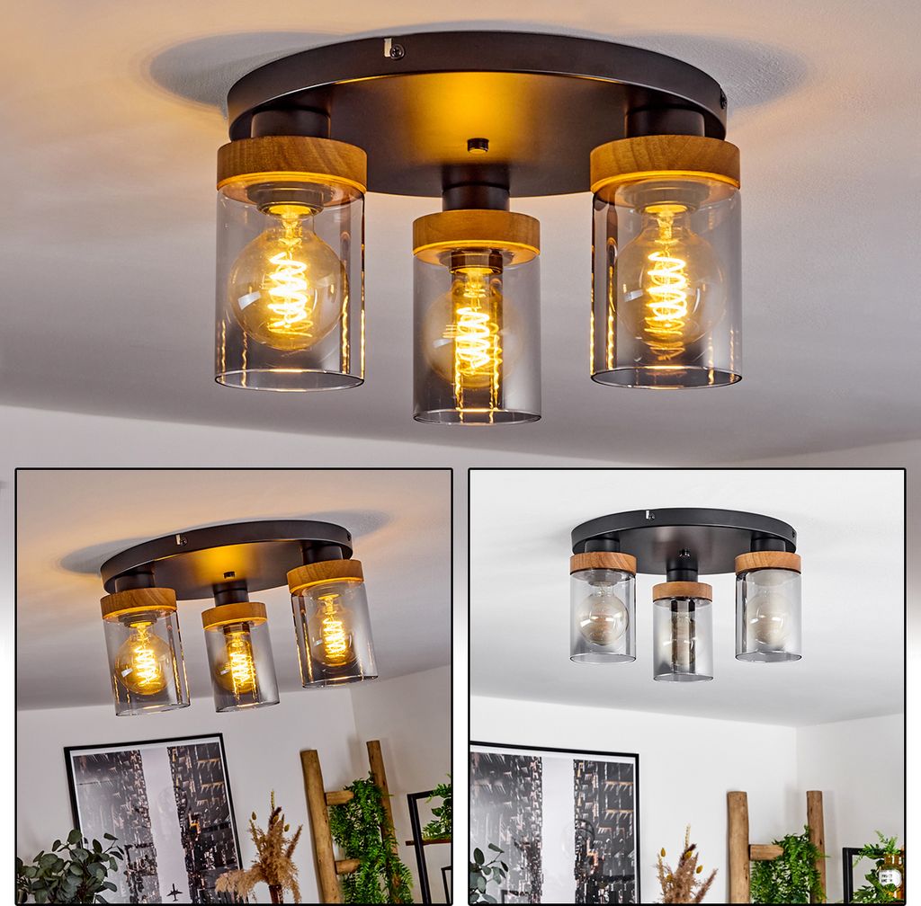 Vaglie »Vaglie« Deckenlampe aus Metall/Holz/Glas in Schwarz/Natur/Rauchfarben