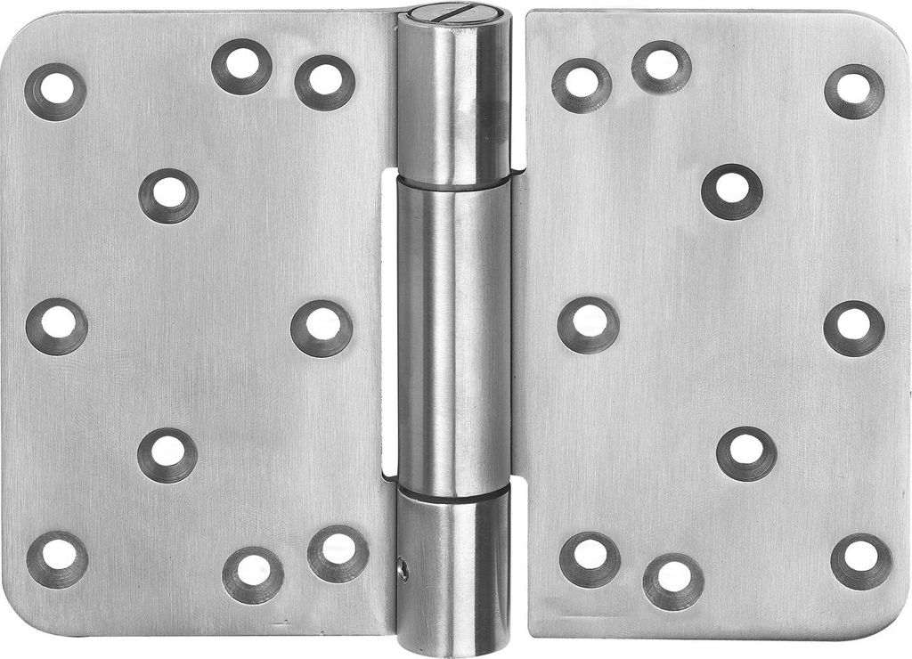A pair of stainless steel door hinges are shown against a white background.