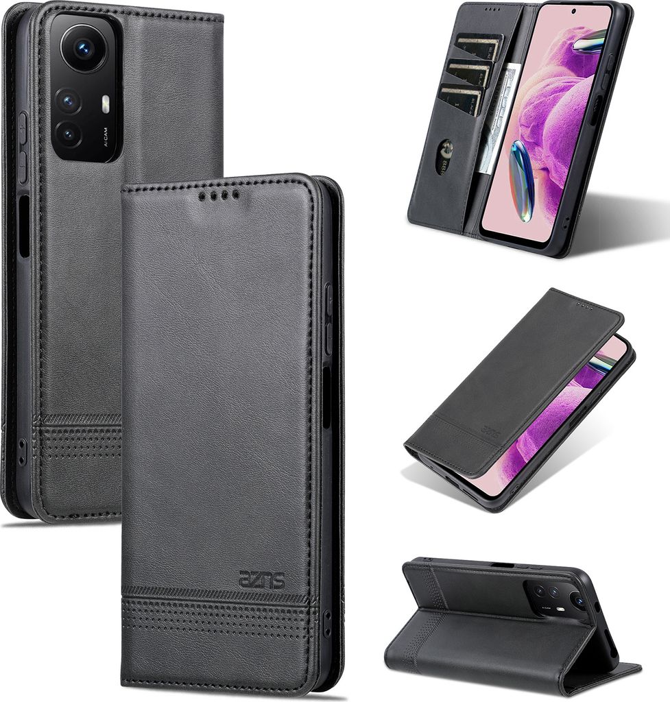 Leder Hülle für Xiaomi Redmi Note 12S, Klapphüllen Brieftasche Magnetverschluss Ständer Schutzhülle Schwarz