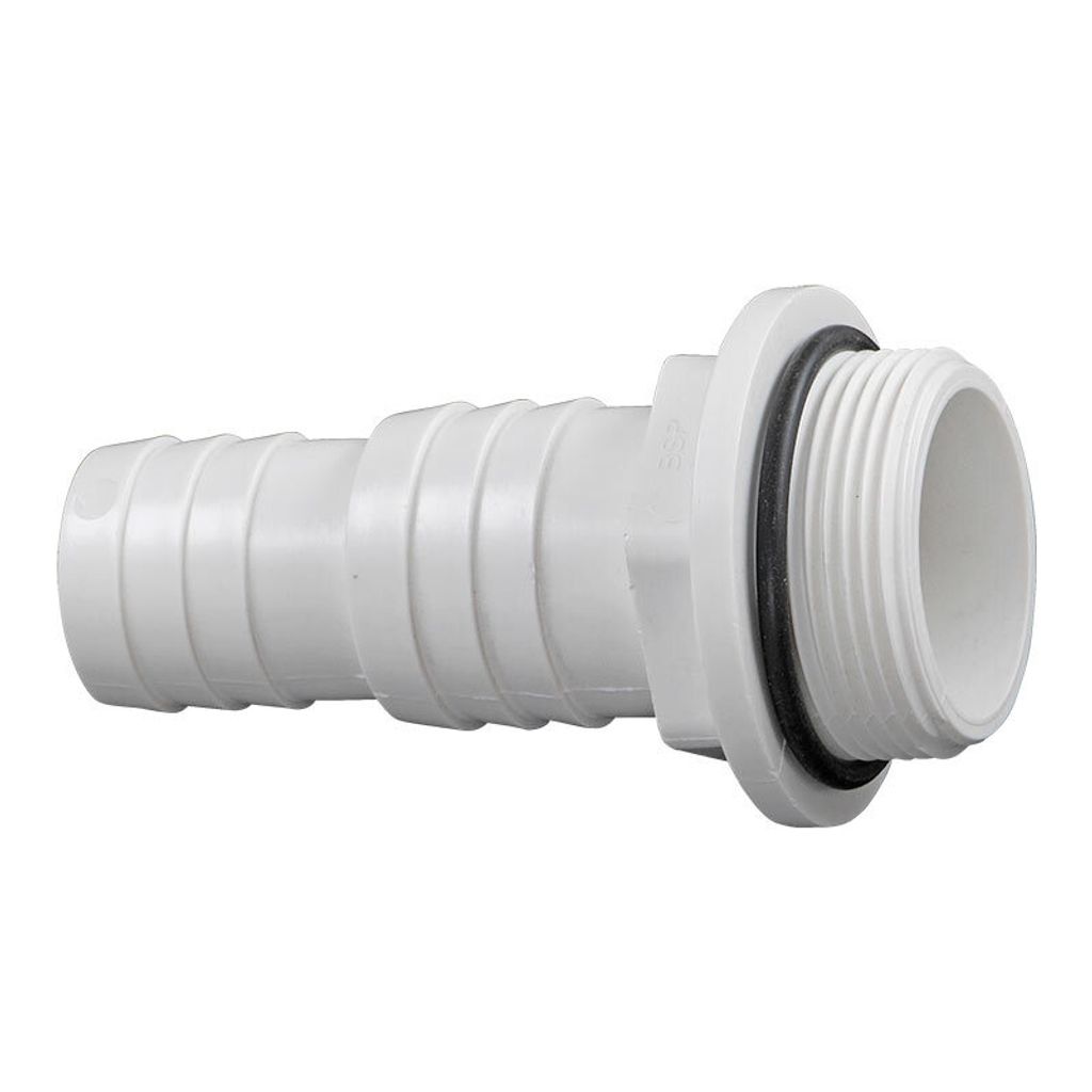 A white plastic hose adapter with a threaded end and a rubber O-ring, shown against a white background.