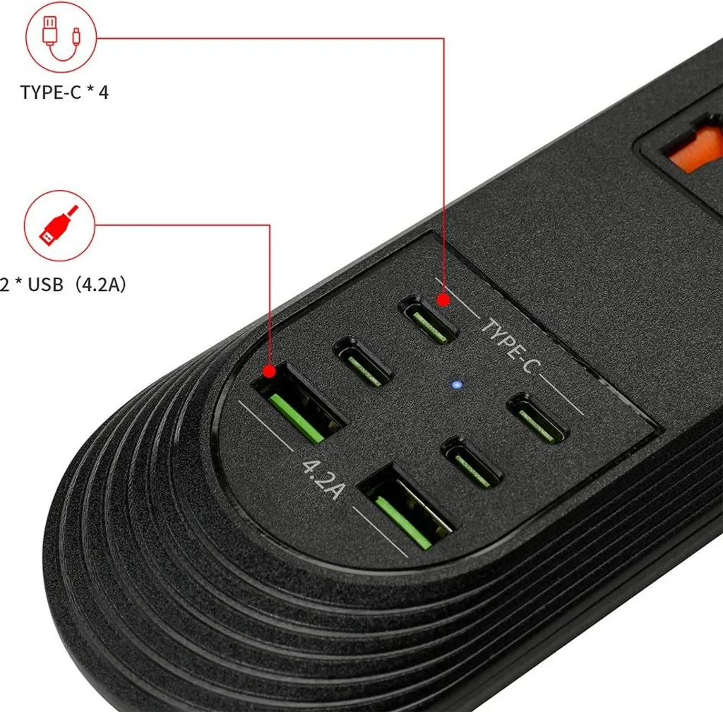 INF Multiprise avec Charge Rapide Type-C et Câble de 2m Noir