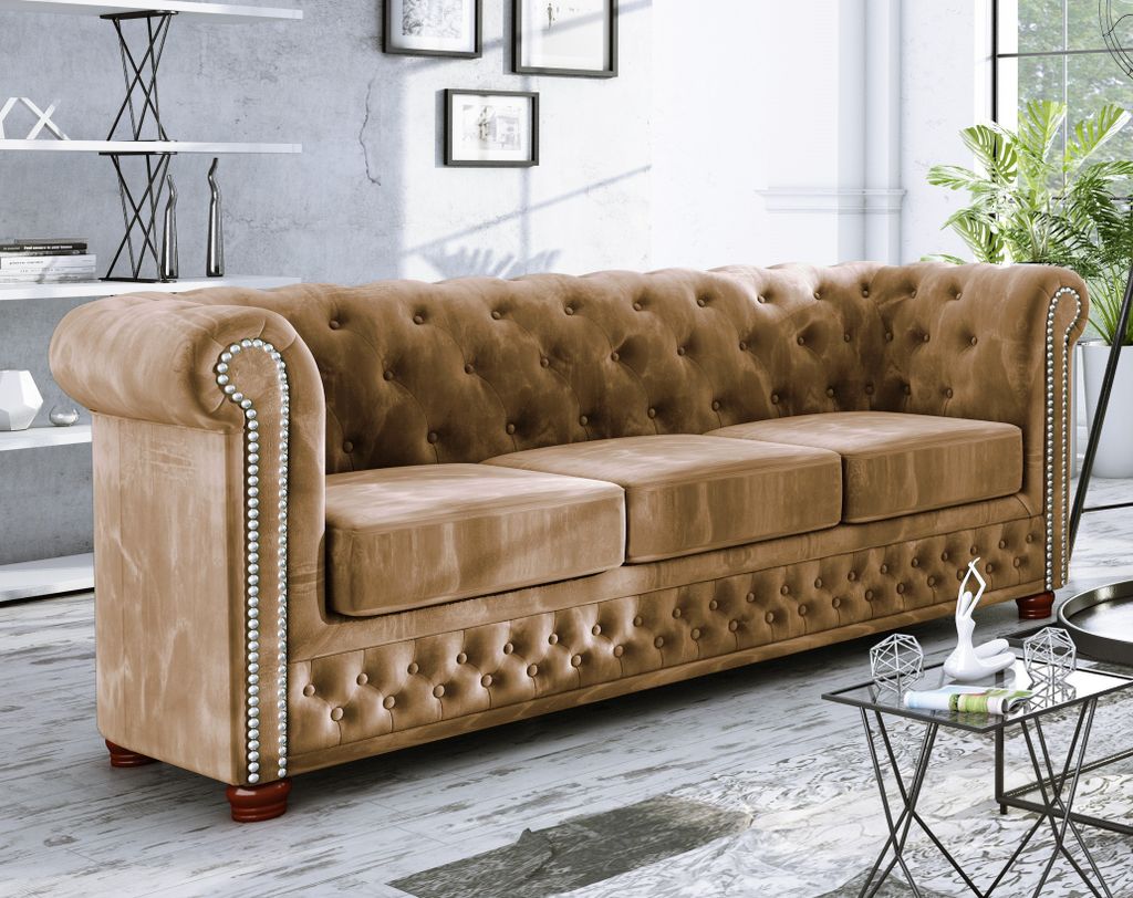 S-STYLE MÖBEL - Chesterfield Jutta Sofa 3-Sitzer aus Beige Samt-Stoff mit Holzfüßen, B/T/H: 203 cm/ 86 cm/ 72 cm
