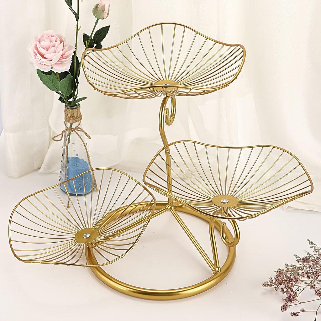 3 Etage Obstschale aus Eisen,Obstkorb,Sevietkorb,Obst aufbewahrung,für Gemüse Brot und Obst in der Küche (Lotosblatt,Golden)