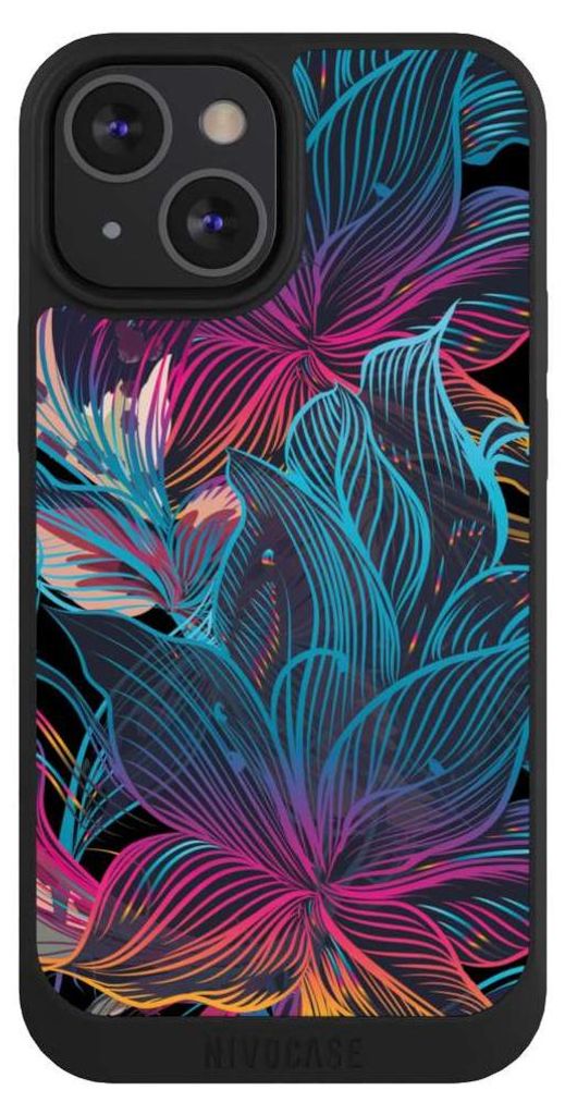 NIVOCASE Handyhülle für Apple iPhone 13 Mini Hülle NIVOpure Case Schwarz Blumen Neon bunt