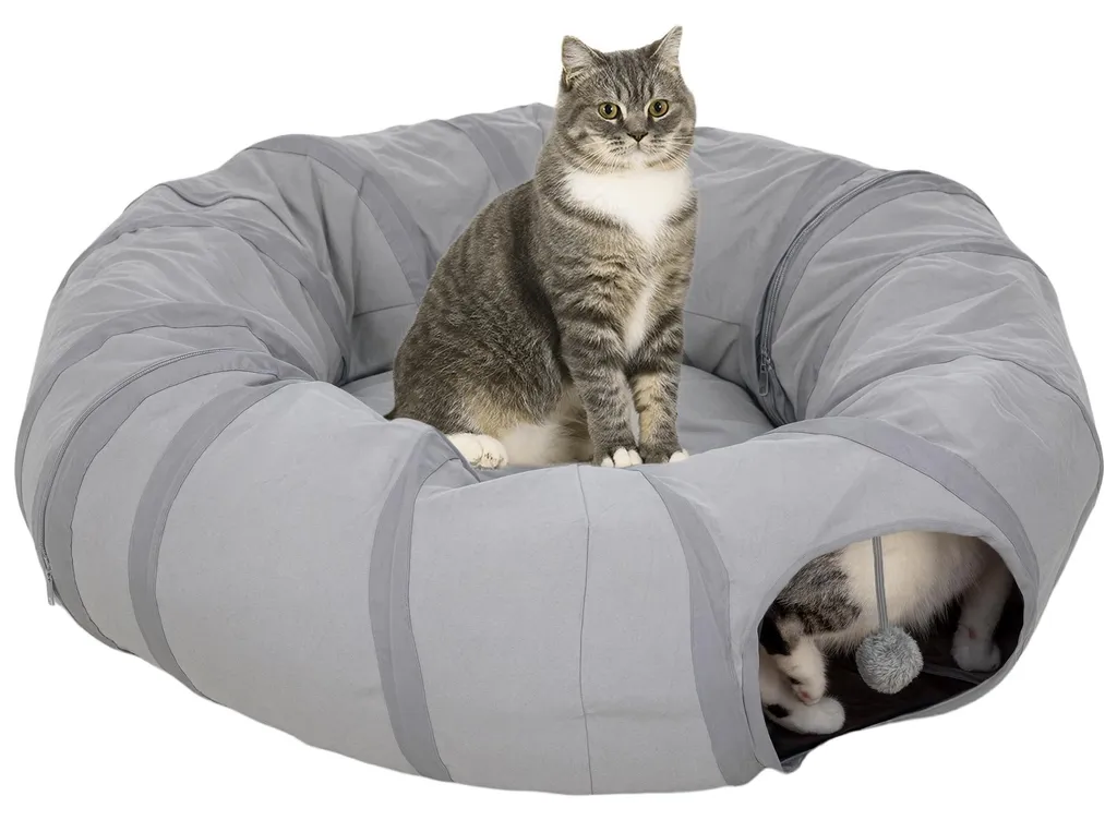 Aire de jeu pour chat d'appartement : tunnel rond et lit douillet gris