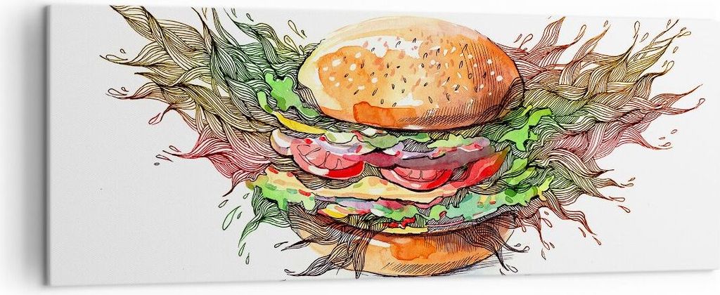 Bild auf Leinwand - Leinwandbild - Illustration nahrung hamburger brötchen - 140x50cm - Wand Bild - Wanddeko - Leinwanddruck - Bilder - Kunstdruck...