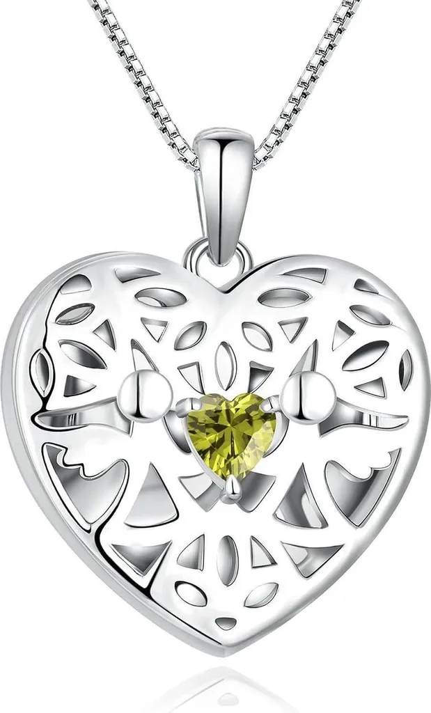 Collier Femme Coeur Argent 925 Péridot d'Août et Médaille Ailes d'Ange