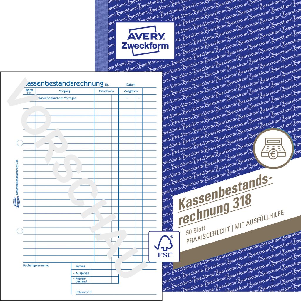 A product shot of an Avery Zweckform Kassenbestandsrechnung 318 accounting book, with a partial view of the packaging.