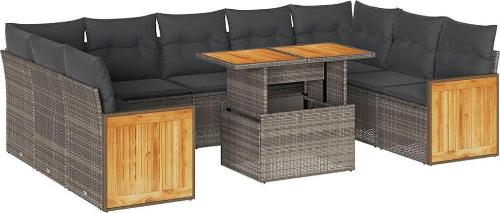 vidaXL 10-tlg. Garten-Sofagarnitur mit Kissen Grau Poly Rattan Akazie