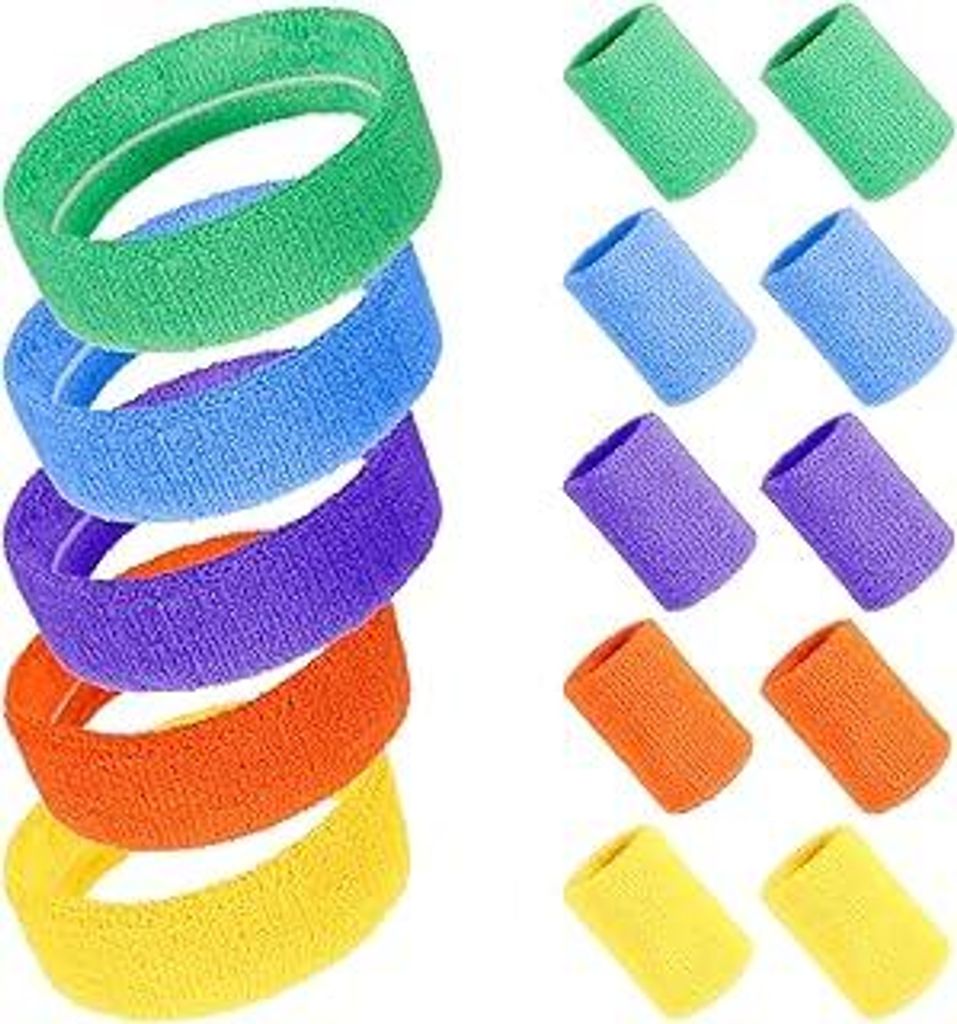 15 Stück Schweissband Set 80er Jahre Schweissband,Neon 80er Jahre Stirnband Outfit 5 Farben Schweissband Handgelenk Stirnband für Damen Herren Ba...