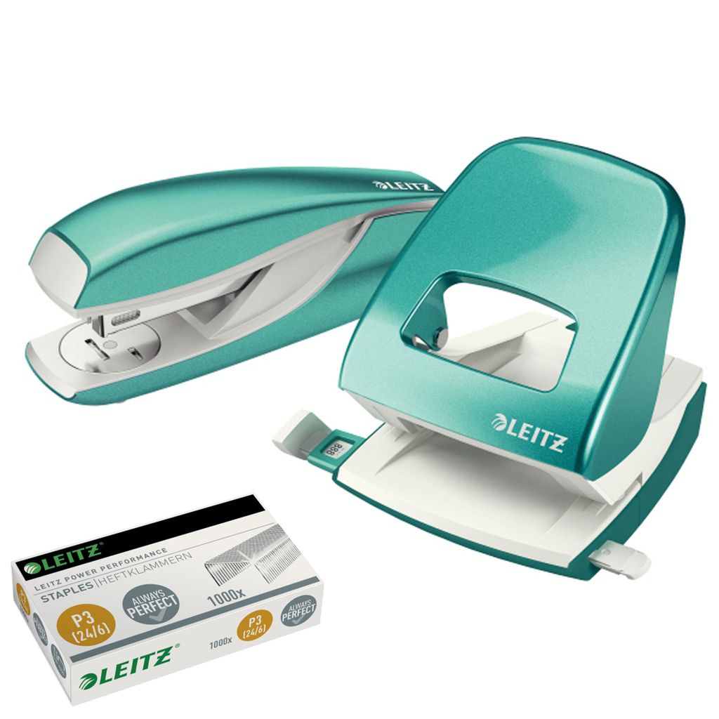 Locher Leitz 5008 + Hefter 5502 NeXXt, Metall, + 1000 Heftklammern 24/6, Kombi-Set , Farbe:eisblau metallic