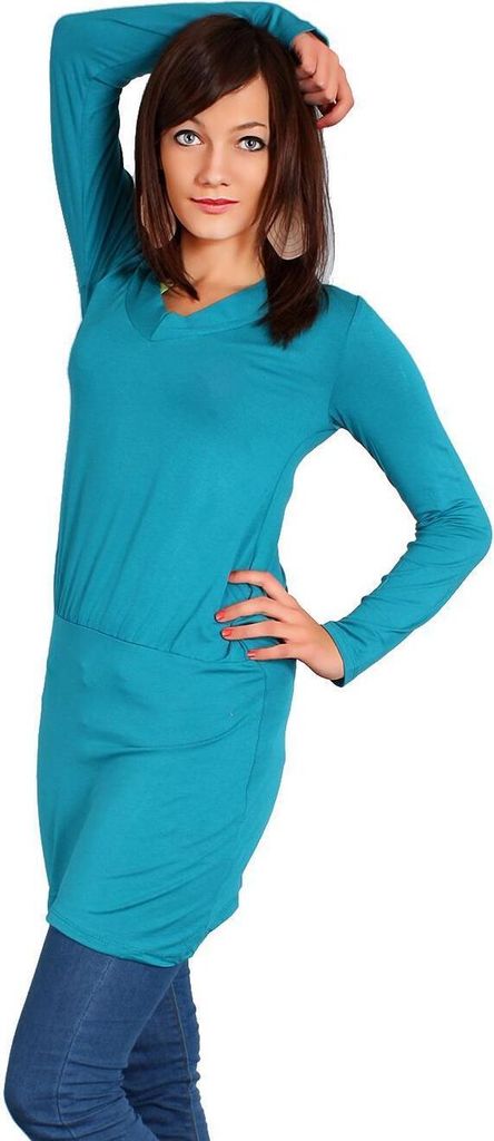 Damen Langarm Longshirt Bluse mit Rückenausschnitt; Türkis/S/M