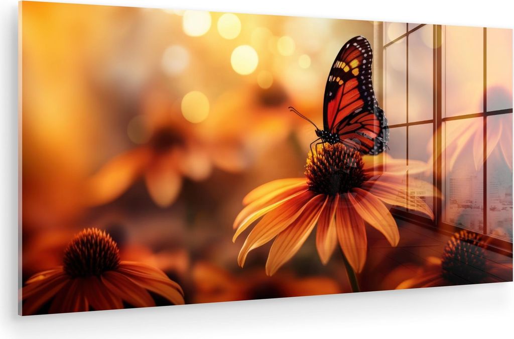 MuchoWow Glasbilder - Bilder auf Wandbild - Foto auf Glas Schmetterling - Blumen - Orange 40x20 cm Wanddekoration aus Glas - Acrylglasbild - Acrylb...