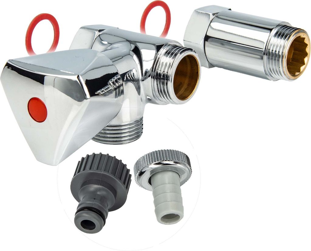 A set of plumbing fittings, including a T-valve, an adapter, and two hose connectors, arranged on a white background.