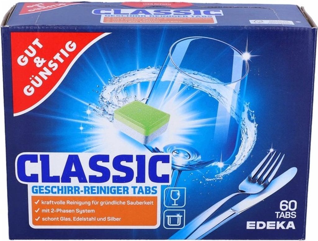 A box of dishwasher detergent tabs with an image of a sparkling glass and cutlery.