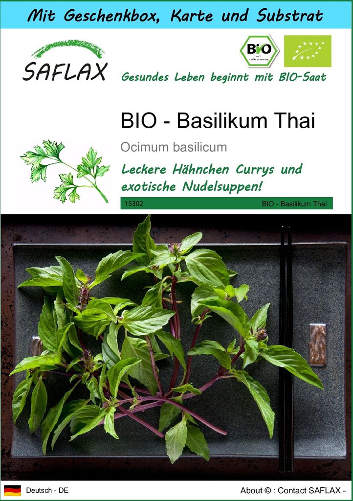 SAFLAX - Geschenk Set - BIO - Basilikum Thai - 250 Samen - Mit Geschenk- / Versandbox, Versandaufkleber, Geschenkkarte und Anzuchtsubstrat - Ocimum...