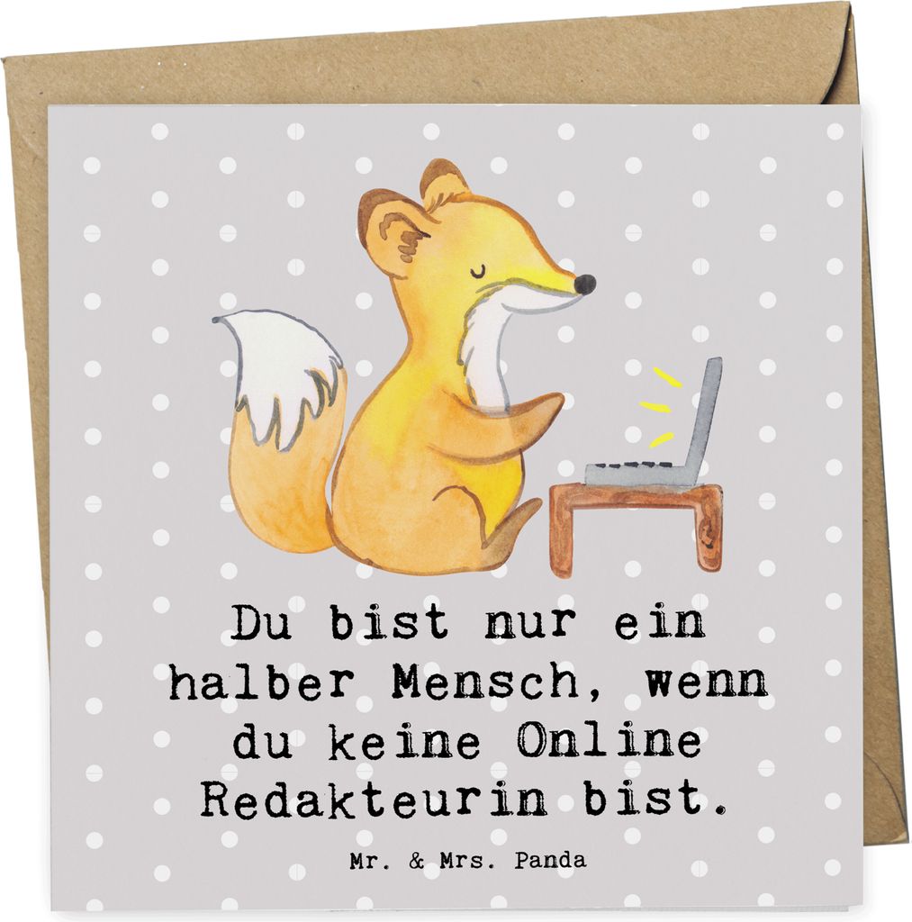 Mr. & Mrs. Panda Klappkarte Online Redakteurin Herz - Grau Pastell - Geschenk, faltkarte, Grußkarte, Glückwunschkarte, doppelkarte, anlasskarte