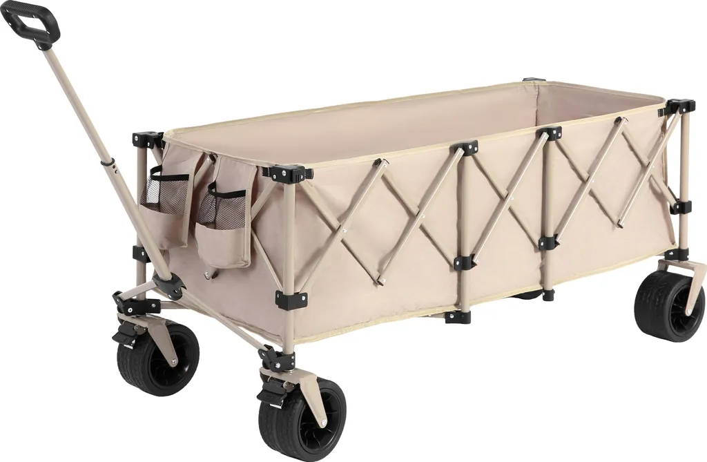 Chariot de plage pliable tout-terrain beige pour camping et jardin