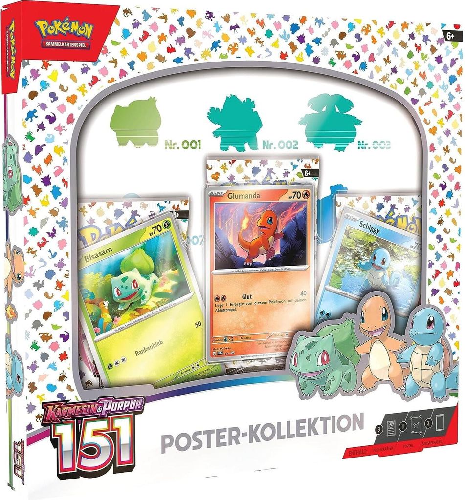 A product box for a Pokemon "Karmesin & Purpur 151 Poster Collection" set, featuring trading cards and character illustrations.