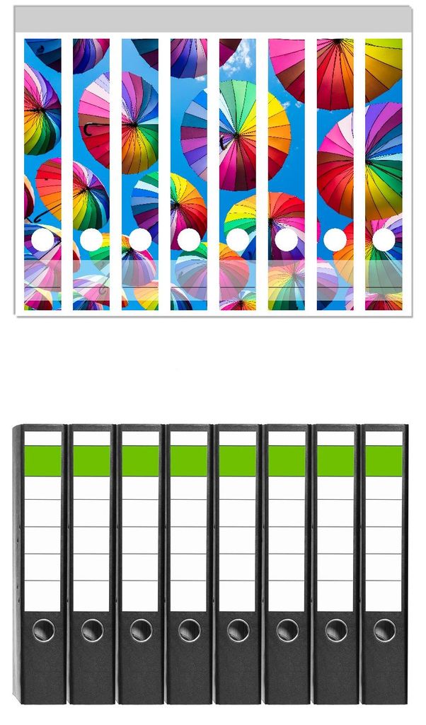Wallario 8 Stück schmale Ordner inkl. Klebeetiketten mit Motive Bunte Regenschirme vor blauem Himmel - Set mit Rückenschildern / Ordnerrücken St...