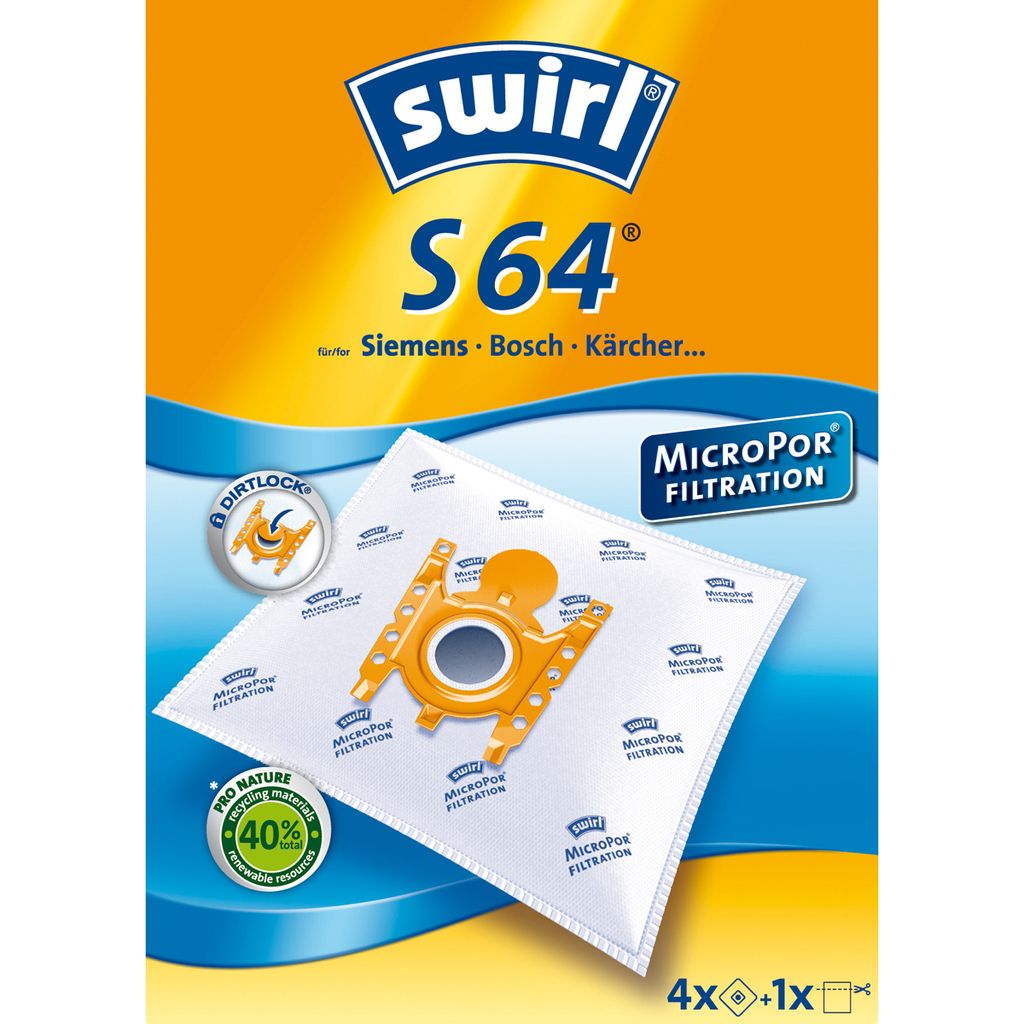 The image shows the packaging of Swirl S64 vacuum cleaner bags, highlighting features like MicroporPlus filtration and Dirtlock.