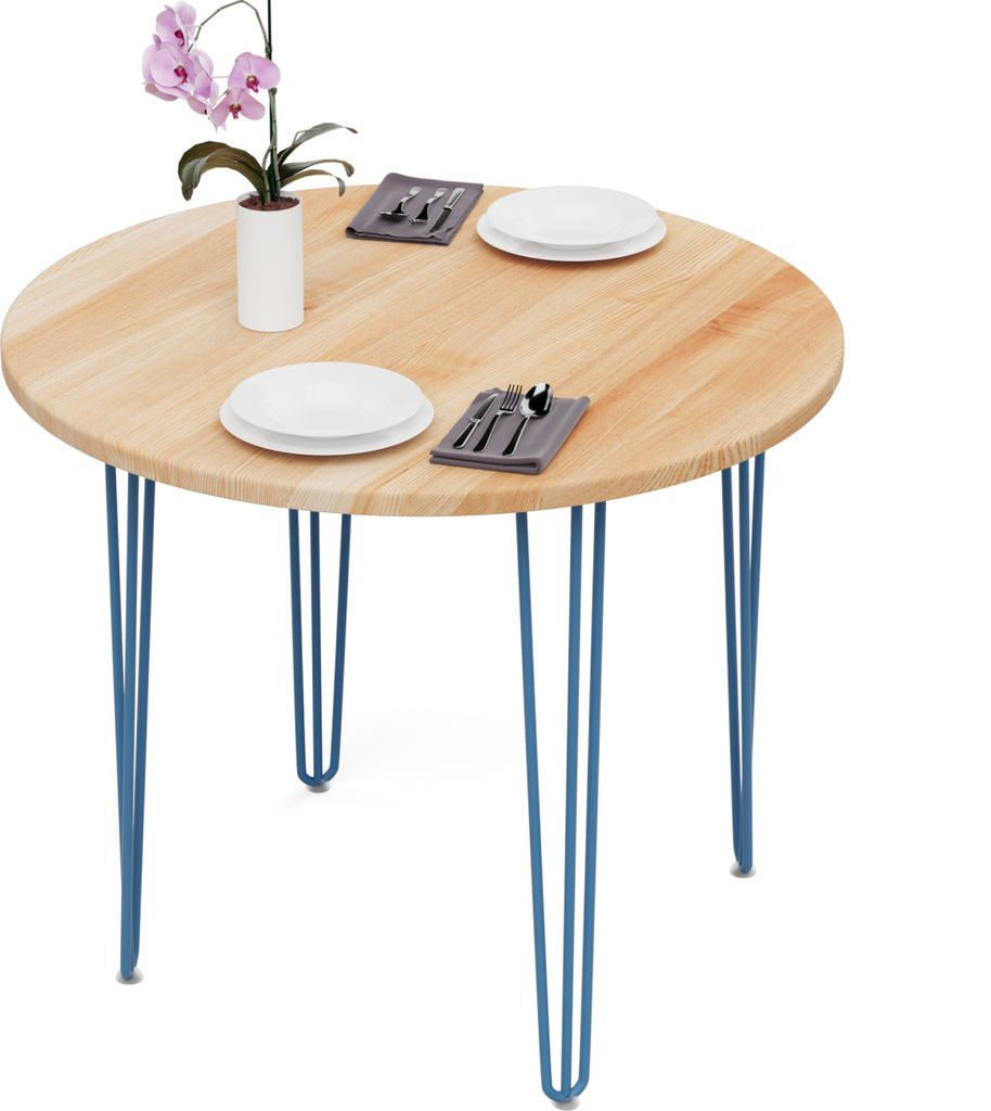 LAMO Manufaktur Esstisch rund 90 cm | Wohnzimmertisch Holz, Runder Tisch | Holztisch für Küche, Esszimmer| Stärke: 28mm, Farbe: Natur, Beine: Blau