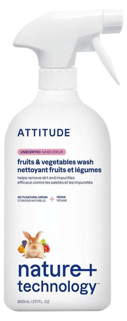 A white spray bottle of fruit and vegetable wash.