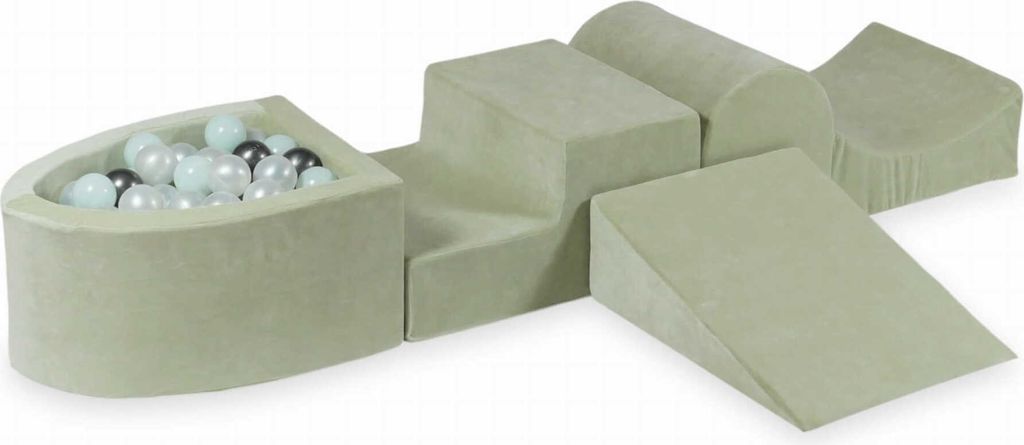 Schaumstoff-Spielset mit Hügel und Mikro-Bällepool – Velvet Soft Lightmint + 100 Bällebadbälle / Perlmutt, Hellmint, Metallic-Graphit