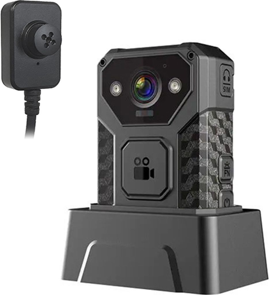 A body camera and its accessories are displayed on a white background.